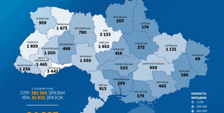За добу в Україні 483 випадків захворювання коронавірусом